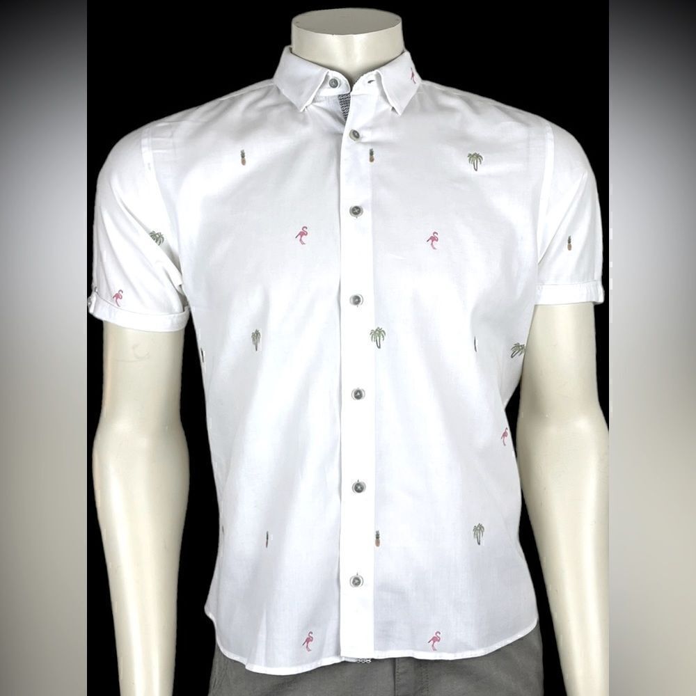 Ted Baker S/S Button Down with Tropical Motif Size 4 (Small) Like New Condition